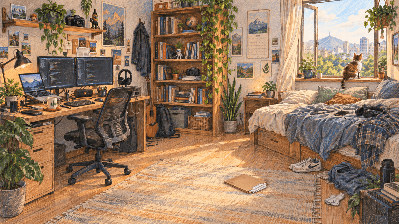 A cozy illustrated developer room with a desk, bookshelf, calendar, and open window